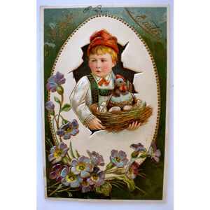 Easter Postcard Fantasy Irish Boy Inside Cracked Egg PFB 6727 Germany Hen Basket
